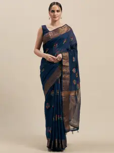 Mitera Navy Blue Silk Cotton Woven Design Kanjeevaram Saree