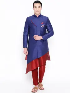 SG RAJASAHAB Men Blue & Maroon Self Design Kurta with Trousers & Ethnic Jacket