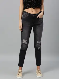 Roadster Women Black Skinny Fit Mid-Rise Mildly Distressed Stretchable Crop Jeans