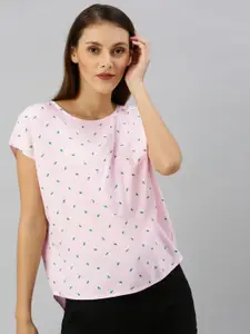 Denizen From Levis Women Pink & Green Printed Boxy Top With Gathers