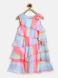 Nauti Nati Girls Blue & Pink Printed Layered A-Line Dress