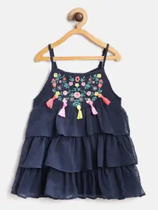 Nauti Nati Girls Navy Blue Floral Self-Design layered A-Line Dress with Embroidered Detail