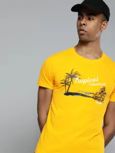 Wrangler Men Mustard Yellow Printed Round Neck Slim-Fit Pure Cotton T-shirt