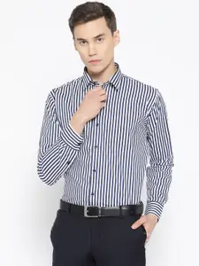 Hancock Men White & Navy Slim Fit Striped Formal Shirt
