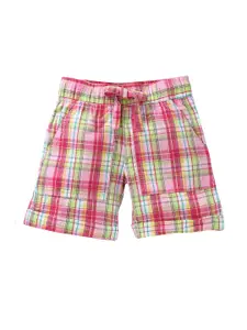 KiddoPanti Girls Pink & Green Checked Regular Fit Regular Shorts