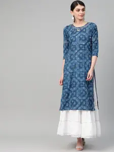 Ishin Women Blue & White Kalamkari Print Kurta with Skirt