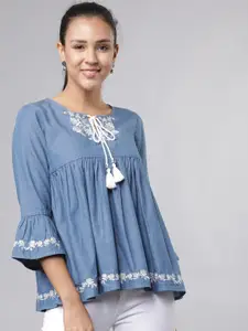 Tokyo Talkies Women Blue Embroidered Denim A-Line Pure Cotton Top