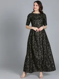 Ethnovog Women Black  Gold Printed Made to Measure Maxi Dress