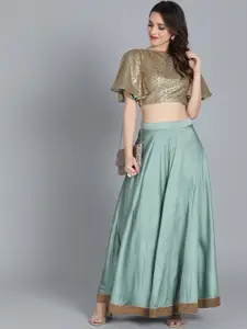Ethnovog Teal Green  Gold-Toned Made to Measure Embellished Lehenga with Blouse