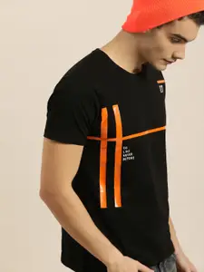 Moda Rapido Men Black  Orange Printed Round Neck Pure Cotton T-shirt