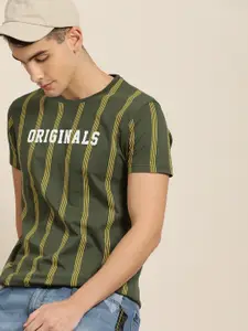 Moda Rapido Men Olive Green  Yellow Striped Cotton Pure Cotton T-shirt
