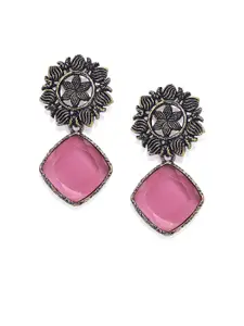AccessHer Brass-Plated & Pink Studded Geometric Drop Earrings