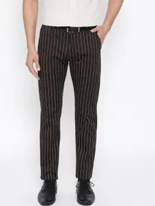 Hancock Men Coffee Brown & White Slim Fit Striped Formal Trousers