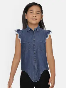 Pepe Jeans Girls Navy Blue Solid Denim Shirt Style Top