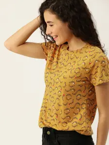 DressBerry Women Mustard Yellow Floral Printed Round Neck T-shirt