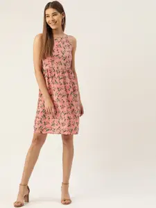DressBerry Pink & Olive Green Floral Print A-Line  Sustainable ECOVERO Dress