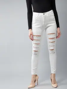 DOLCE CRUDO Women White Super Skinny Fit Mid-Rise Highly Distressed Stretchable Jeans
