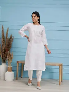 ADA Women White Chikankari Embroidered Straight  Handloom Kurta