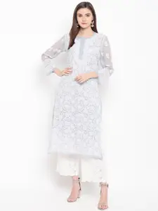 ADA Women Grey & White Chikankari Embroidered Straight Sustainable Handloom Kurta