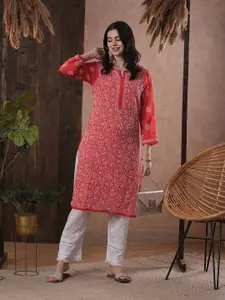 ADA Women Red & White Chikankari Hand Embroidered Semi-Sheer Straight  Handloom Kurta