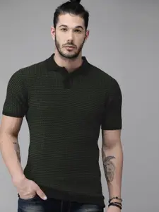Roadster Men Black  Olive Green Self Design Polo Collar Pure Cotton T-shirt