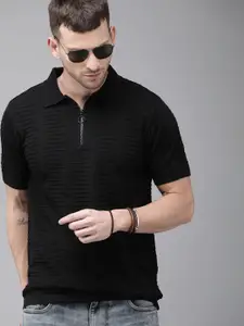 Roadster Men Black Self Design Polo Collar Pure Cotton T-shirt