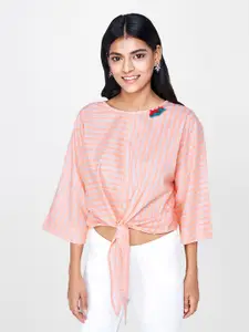 Global Desi Women Peach-Coloured & Turquoise Blue Printed Cinched Waist Pure Cotton Top