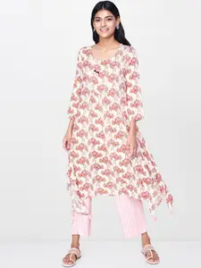 Global Desi Women Off-White & Pink Printed Asymmetric Hemline A-Line Kurta