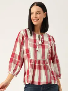 AND Women Red & Off-White Checked A-Line Top with Gathers & Cut-Out Detailing