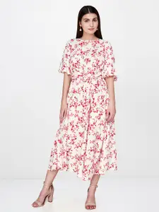 AND Women Red & White Printed Fit and Flare Dress
