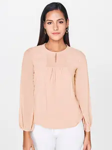 AND Women Peach-Coloured Solid Top With Smocked Detailing