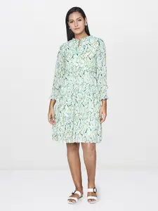AND Women Green & White Printed Fit and Flare Layered Dress