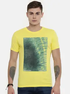 Pepe Jeans Men Yellow Printed Elvin SS Slim Fit Round Neck Pure Cotton T-shirt