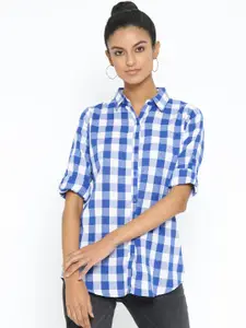Vastraa Fusion Women Blue & White Regular Fit Checked Casual Shirt