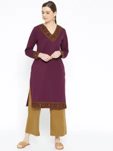 Vastraa Fusion Women Purple Solid Straight Woolen Kurta