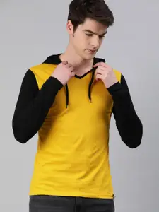 Urbano Fashion Men Mustard Yellow Solid Slim Fit Hood T-shirt