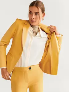 MANGO Women Mustard Yellow Solid Smart Casual Sustainable Blazer