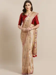Saree mall Beige & Maroon Silk Blend Printed Bhagalpuri Saree