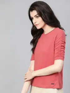 Roadster Women Coral Pink Solid Round Neck Relaxed FitT-shirt