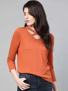 Roadster Rust Orange V-Neck Top With Cut Outs