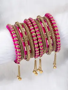 Peora Set of 14 Gold-Plated & Pink Velvet Handcrafted Bangles