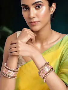 Peora Set of 10 Gold-Plated & Pink Silk Thread Handcrafted Kundan Bangles