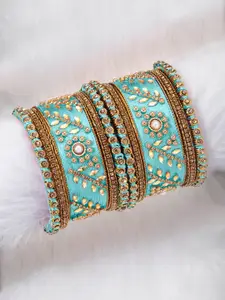 Peora Set of 10 Gold-Plated & Blue Silk Thread Handcrafted Kundan Bangles