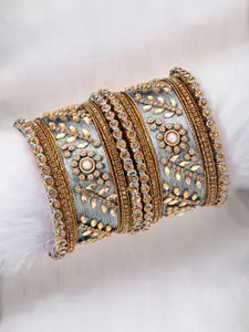 Peora Set of 10 Gold-Plated & Grey Silk Thread Handcrafted Kundan Bangles