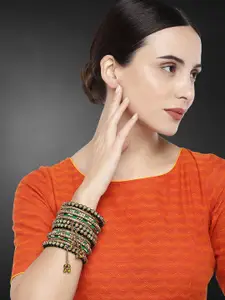 Peora Set of 14 Gold-Plated & Green Velvet Handcrafted Bangles