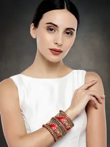 Peora Set of 10 Gold-Plated & Red Silk Thread Handcrafted Kundan Bangles