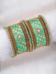 Peora Set of 10 Gold-Plated & Green Silk Thread Handcrafted Kundan Bangles