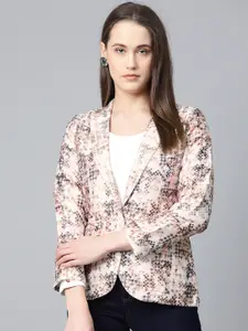 Jompers Women Peach-Coloured & Grey Satin Printed Single-Breasted Casual Blazer