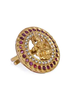 Peora Women Gold-Plated & Red CZ Studded Temple Adjustable Finger Ring