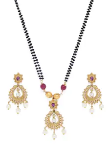 Peora Gold-Plated & Black Beaded Mangalsutra With Earrings